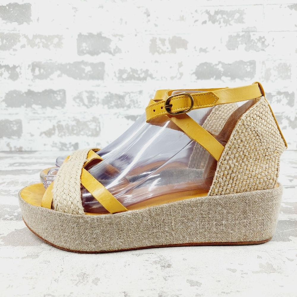 COCLICO Yellow Tan Slip On Buckle Ankle Strap Wedge Platform Sandals X199